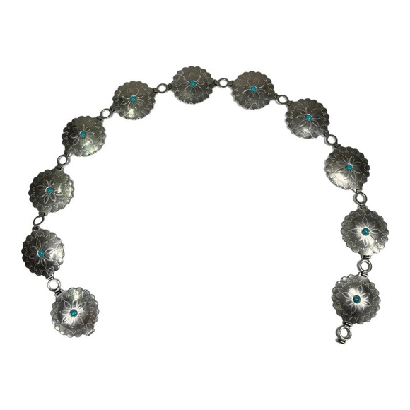 Boho Western Concho Flower Belt 32" One Size Silver Tone Metal Turquoise Chain - Picture 3 of 8